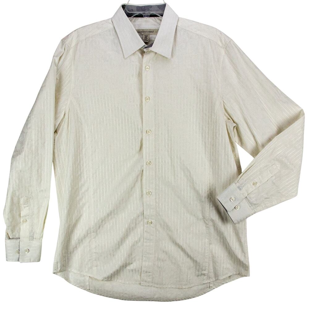 White Paisley Dress Shirt Men's Large Button Up Pronto Uomo